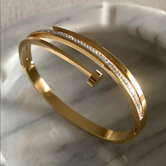 Gold Stainless Steel Nail Bangle Bracelet with Crystals - Picture 1 of 3